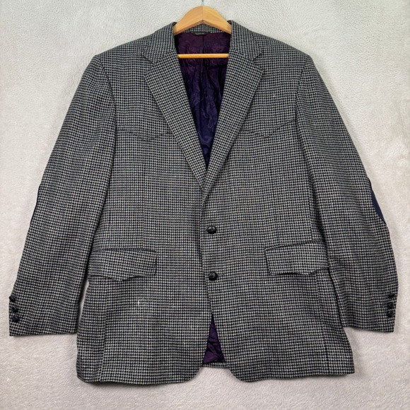Pagano West Blazer Men 44R Tweed Wool Houndstooth Wool Blend Elbow Patch Western - Picture 1 of 13